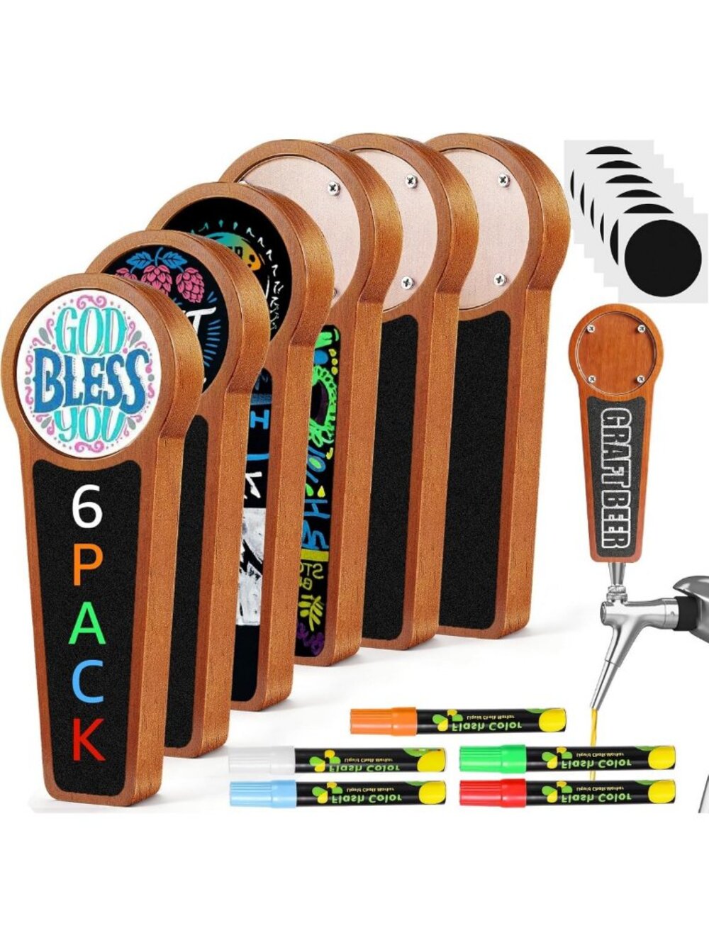 6PCS DIY Wooden Beer Tap Handles with Chalkboard, Kegerator & Keg Tower